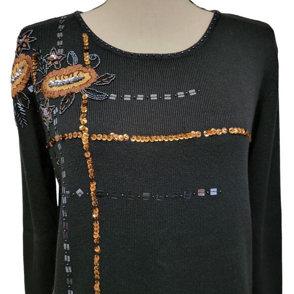 VTG 90s Kikit Sweater Womens M Black Brown Gold Floral Sequin Beaded Embroidered - Picture 3 of 8